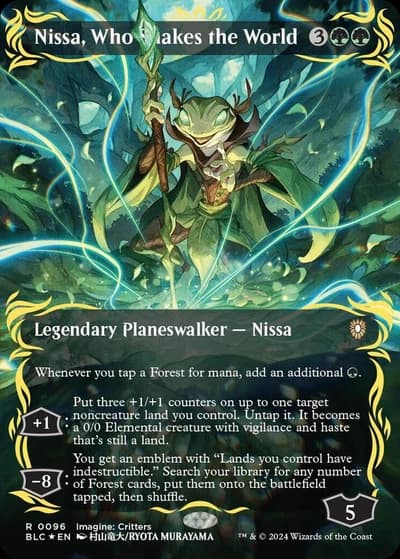 Nissa, Who Shakes the World (Commander: Bloomburrow Borderless Raised Foil Rare)