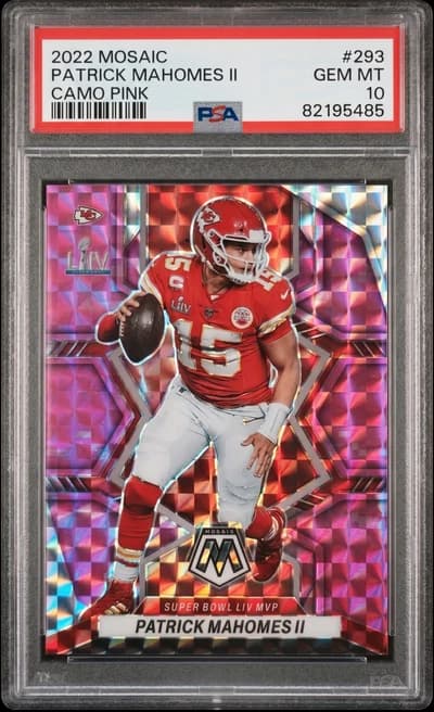 2022 Panini Mosaic Super Bowl MVPs Patrick Mahomes II #293 Camo Pink Prizm Kansas City Chiefs PSA 10